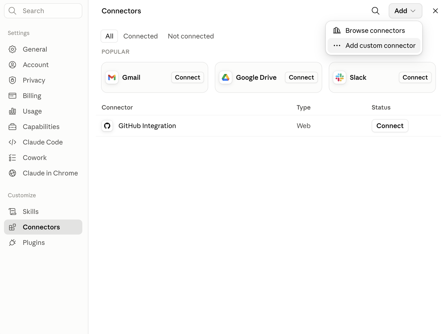 In Claude's Connectors page, click Add in the top right and choose Add custom connector